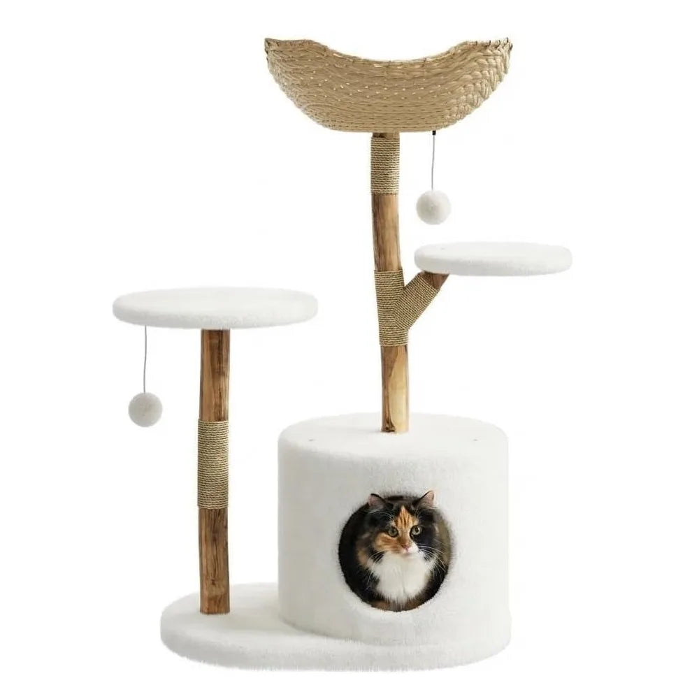 43 Inch Wooden Cat Tree Tower With Rattan Perches And Sturdy Base
