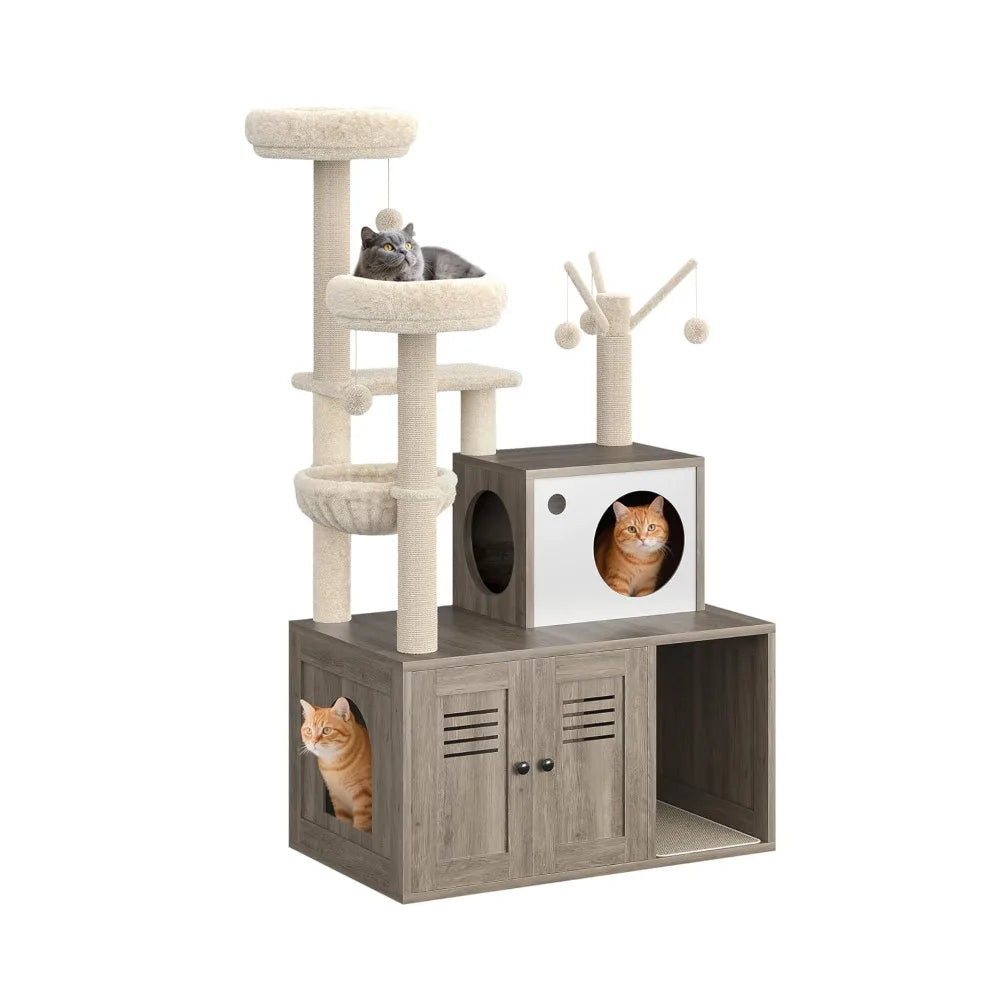 Modern 2-1 Cat Tower With Litter Box Enclosure And Perches