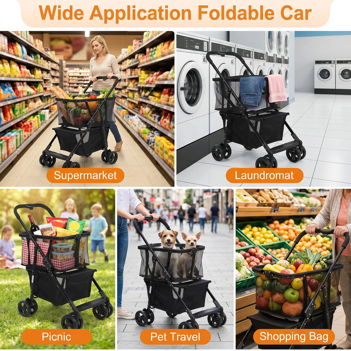 Folding Pet Stroller And Shopping Cart With Detachable Basket
