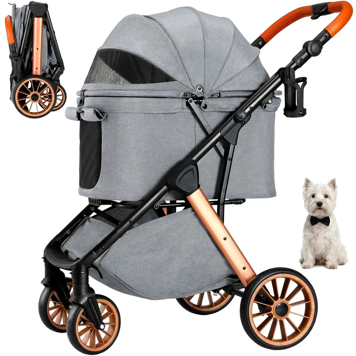 Foldable Pet Stroller With Canopy And Shock Absorber Design