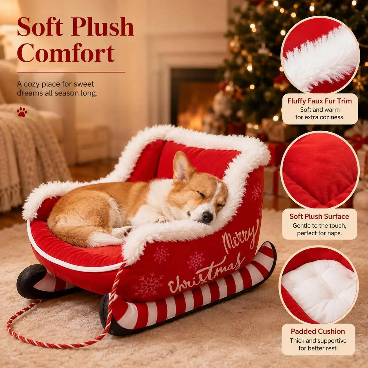 Christmas Dog Sleigh Bed, Calming Pet Sofa With Raised Sides