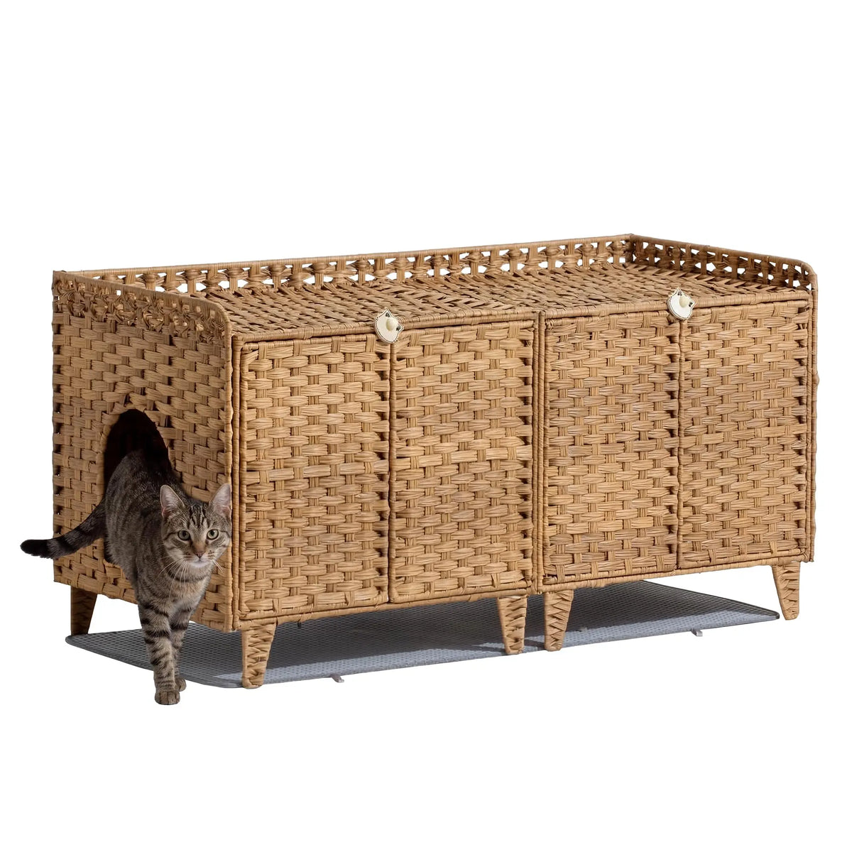 DishyKooker Rattan Litter Box Enclosure Hidden Doors Cat Furniture