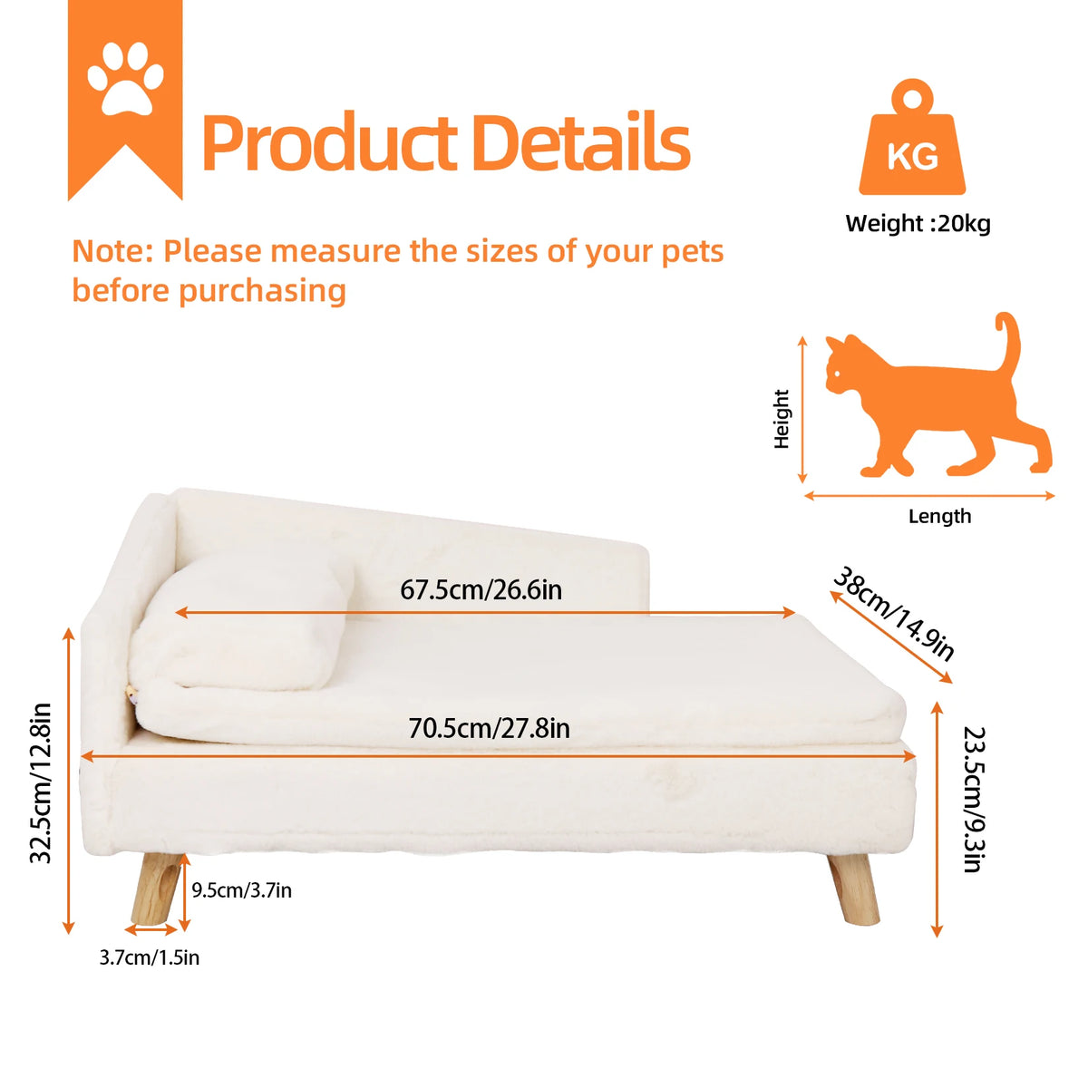 Borwart Plush Dog Sofa Bed With Backrest And Wooden Legs