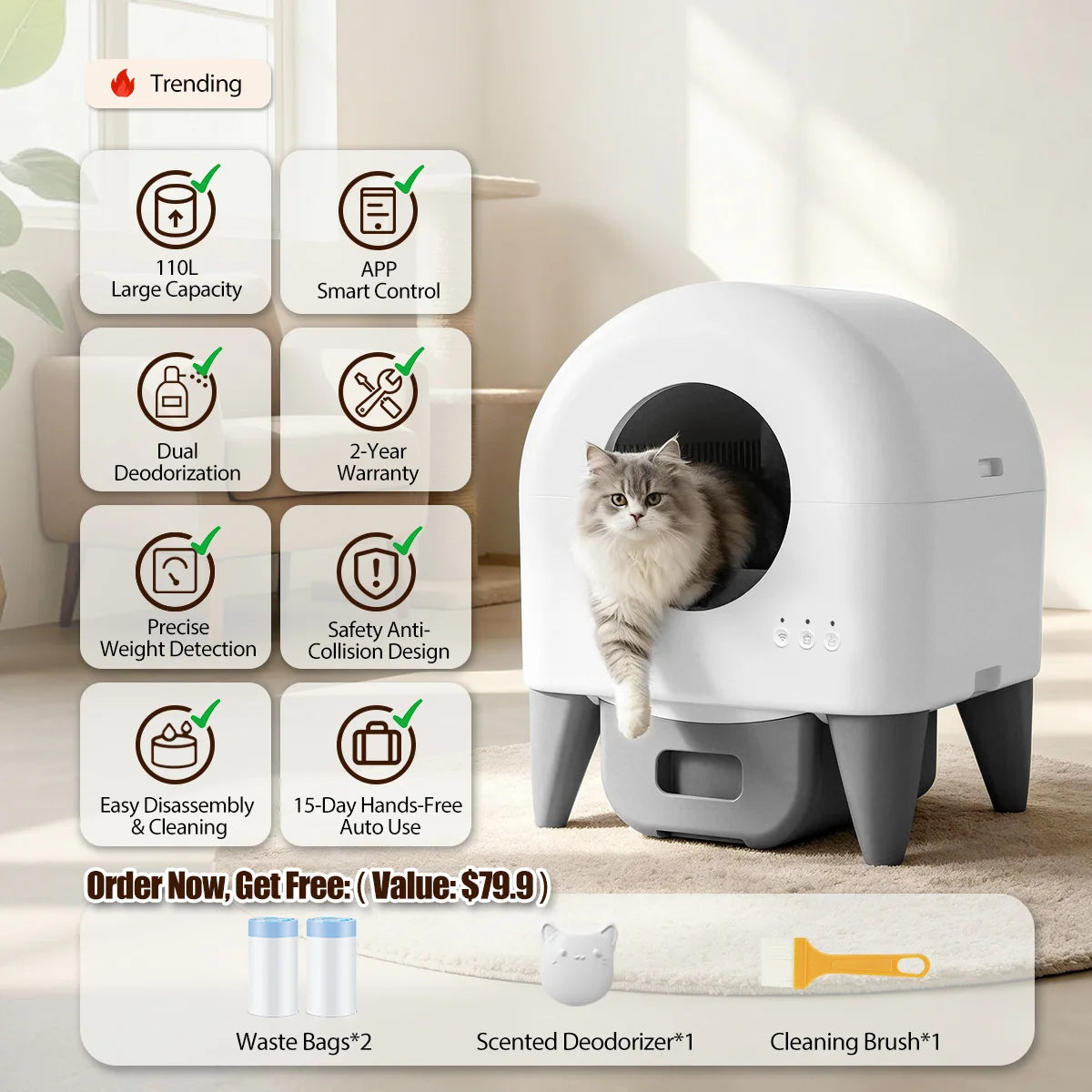 Smart Automatic Cat Litter Box Self Cleaning Enclosed Safety Sensors