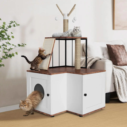 Garvee Wood Cat Corner Activity Tree Scratching Post Storage Cabinet