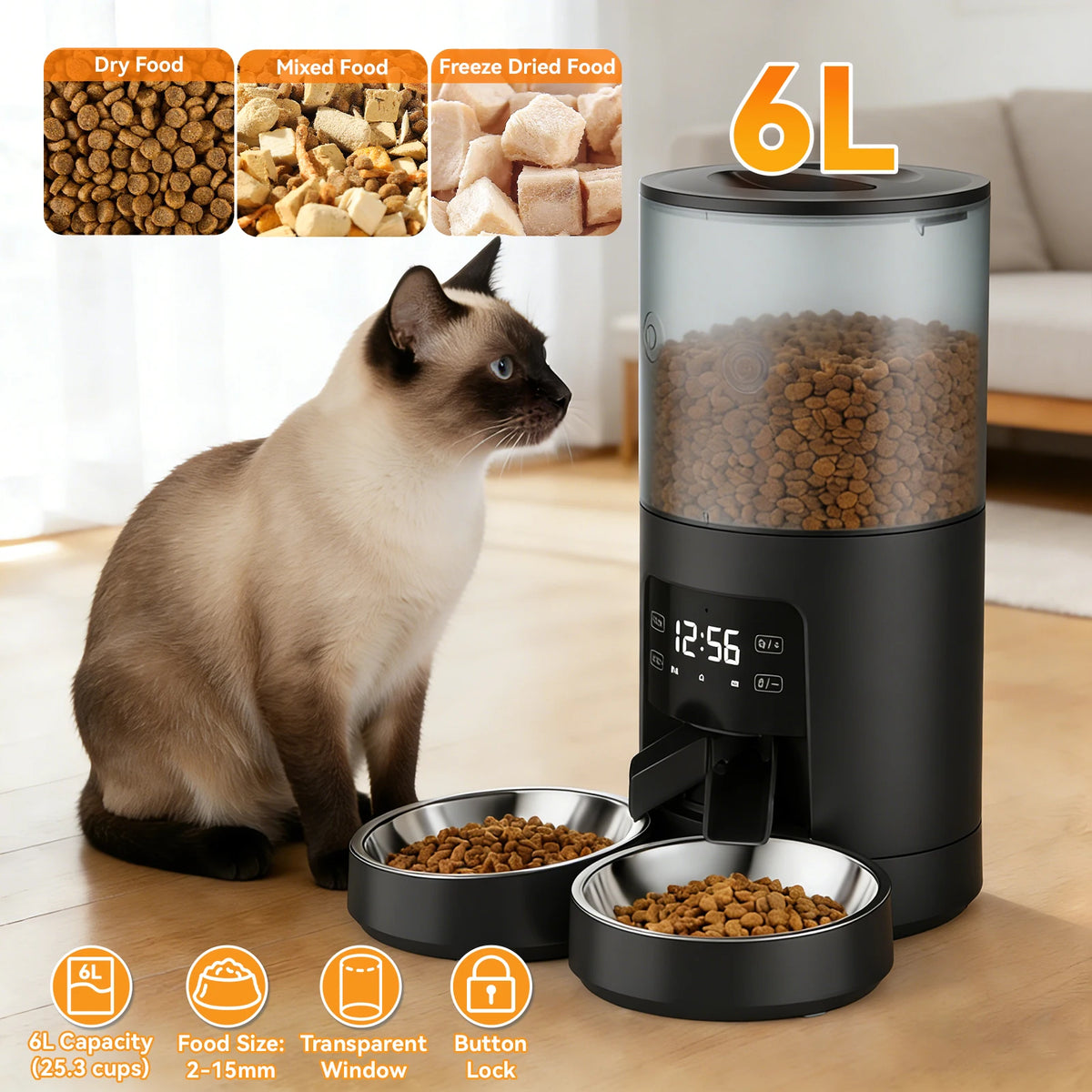 JHK 6L Automatic Cat Feeder With Timed Dual Stainless Bowls