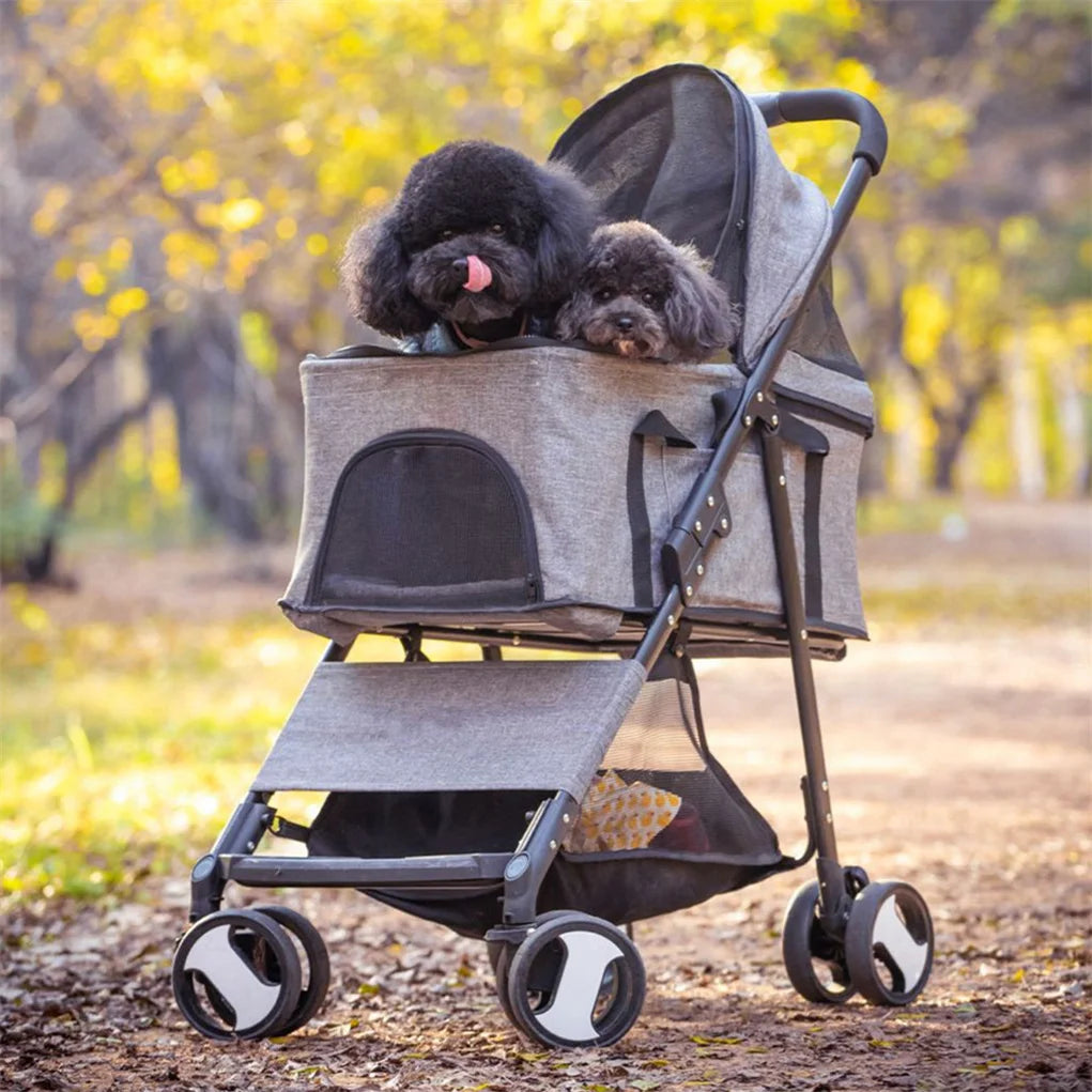 foldable pet dog stroller with storage basket and rain cover