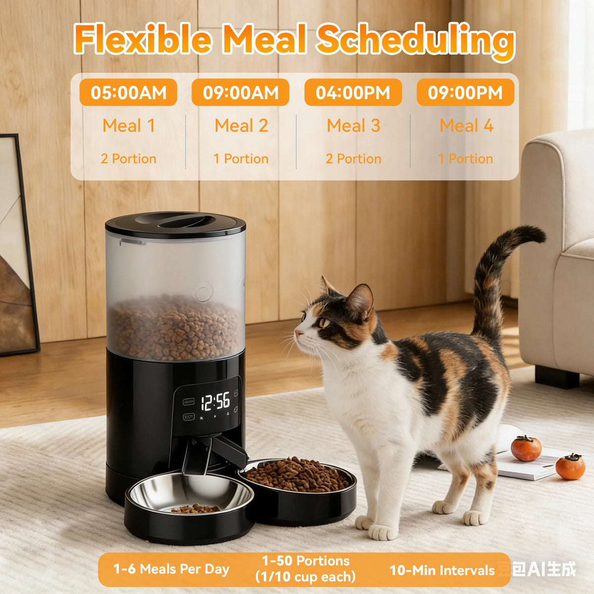 JHK 6L Automatic Cat Feeder With Timed Dual Stainless Bowls