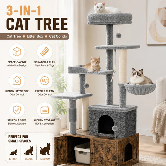 Modern 3 In 1 Cat Tree With Hidden Litter Box