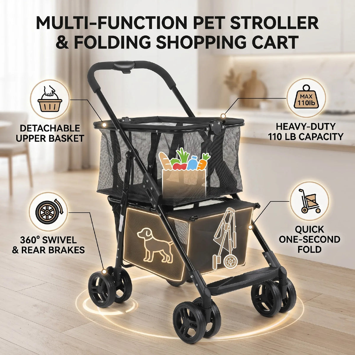 Folding Pet Stroller And Shopping Cart With Detachable Basket