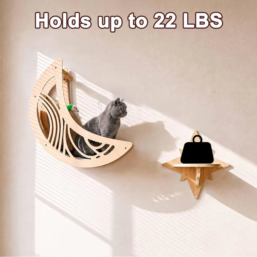 CWV Wall Mounted Cat Shelves Pine Wood Moon Hammock Star Frame