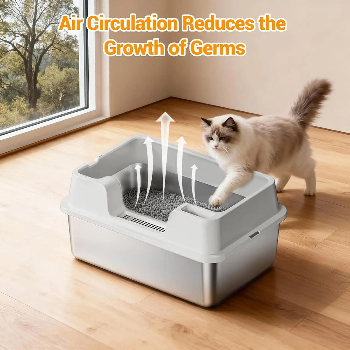 HiMISS Enclosed Stainless Steel Cat Litter Pan With Nonstick Base