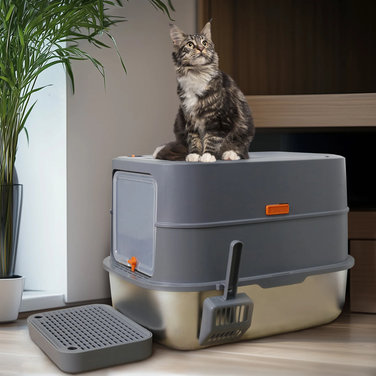 Stainless Steel Enclosed Cat Litter Box With Lid And Scoop