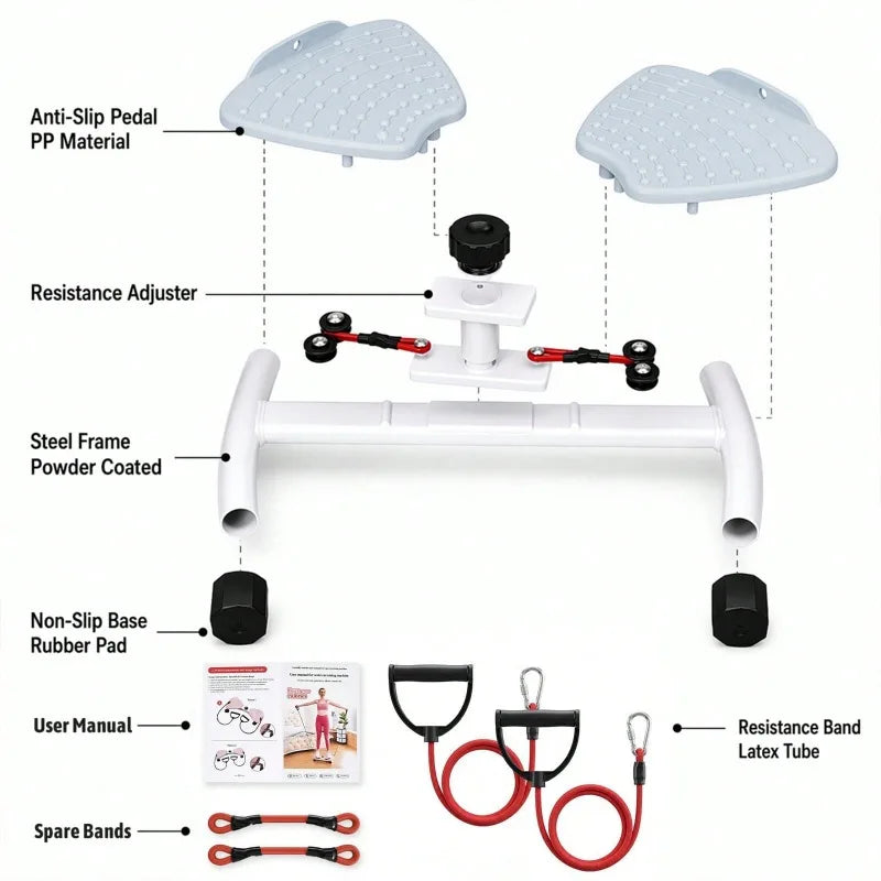 Adjustable Resistance Twist Stepper With Bands For Home Fitness Trainer