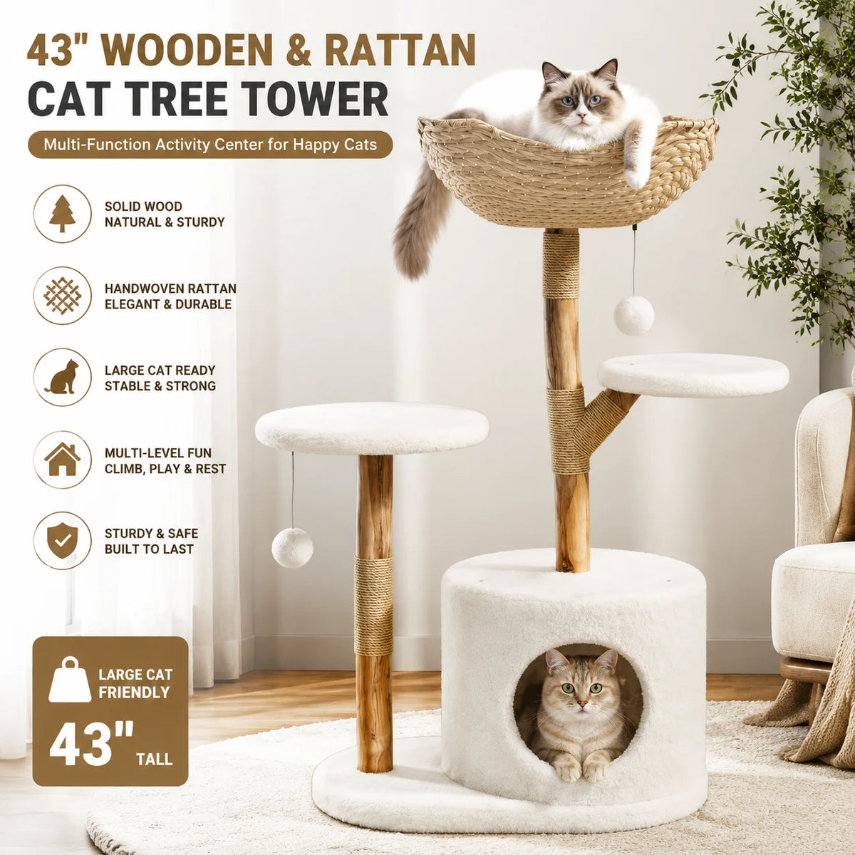 43 Inch Wooden Cat Tree Tower With Rattan Perches And Sturdy Base