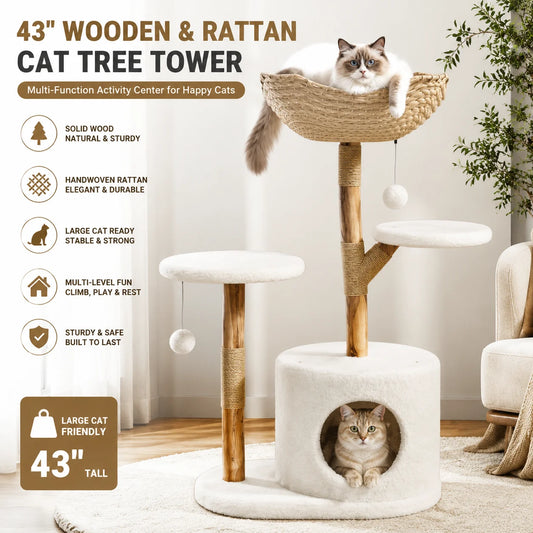 43 Inch Wooden Cat Tree Tower With Rattan Perches And Sturdy Base