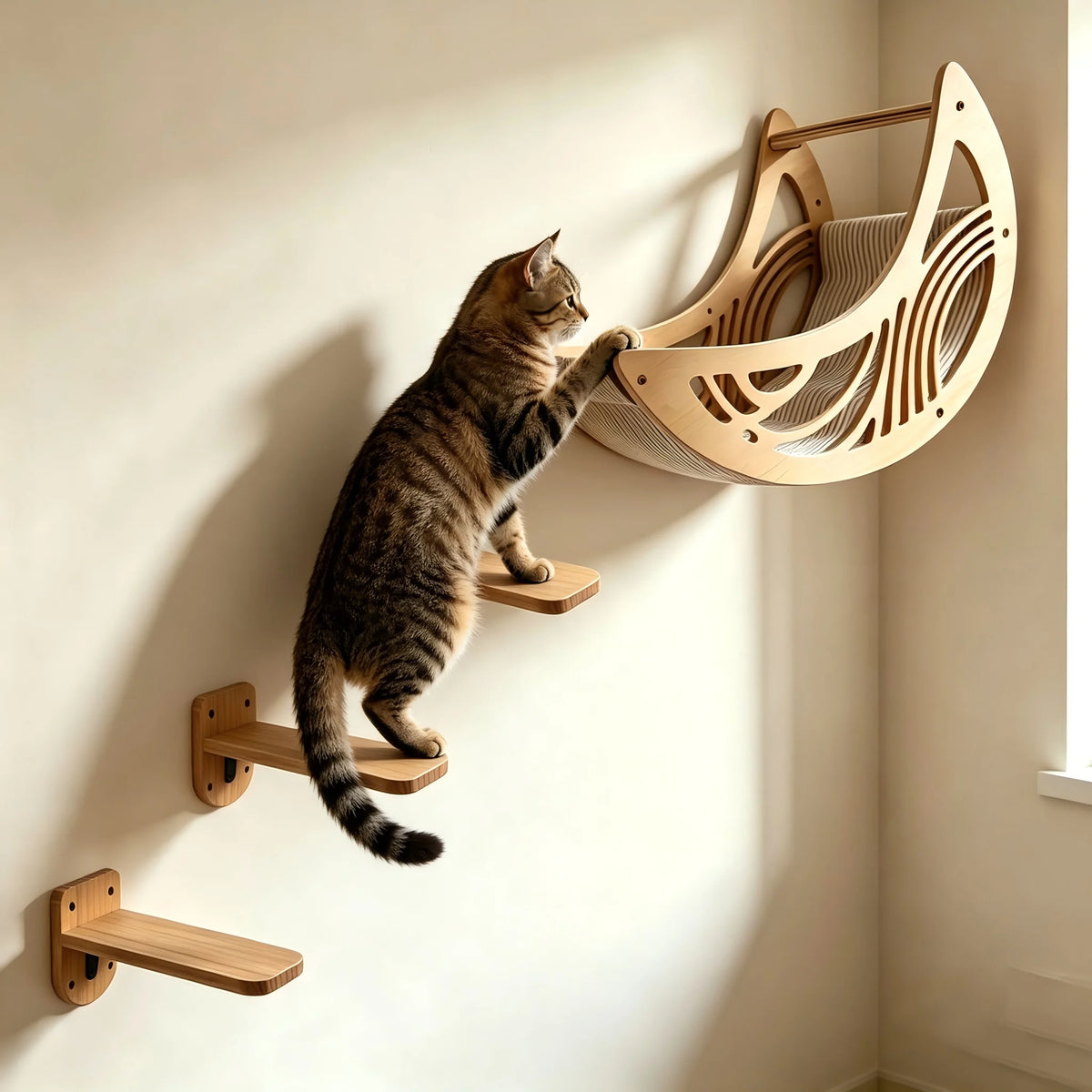 CWV Wall Mounted Cat Shelves Pine Wood Moon Hammock Star Frame