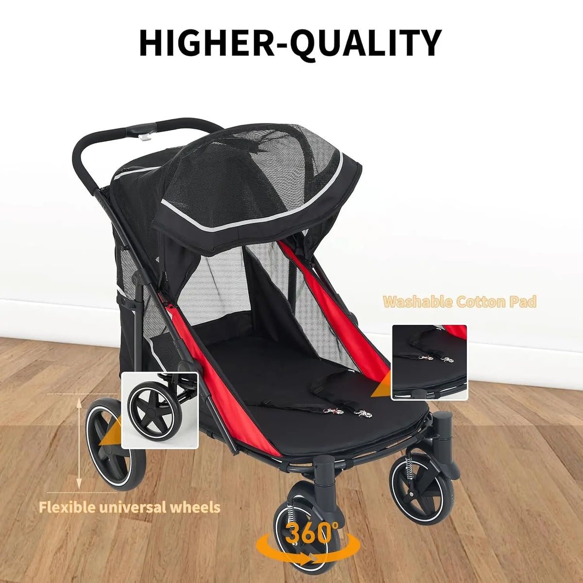Heavy Duty Foldable Pet Stroller with Mesh Ventilation and Basket
