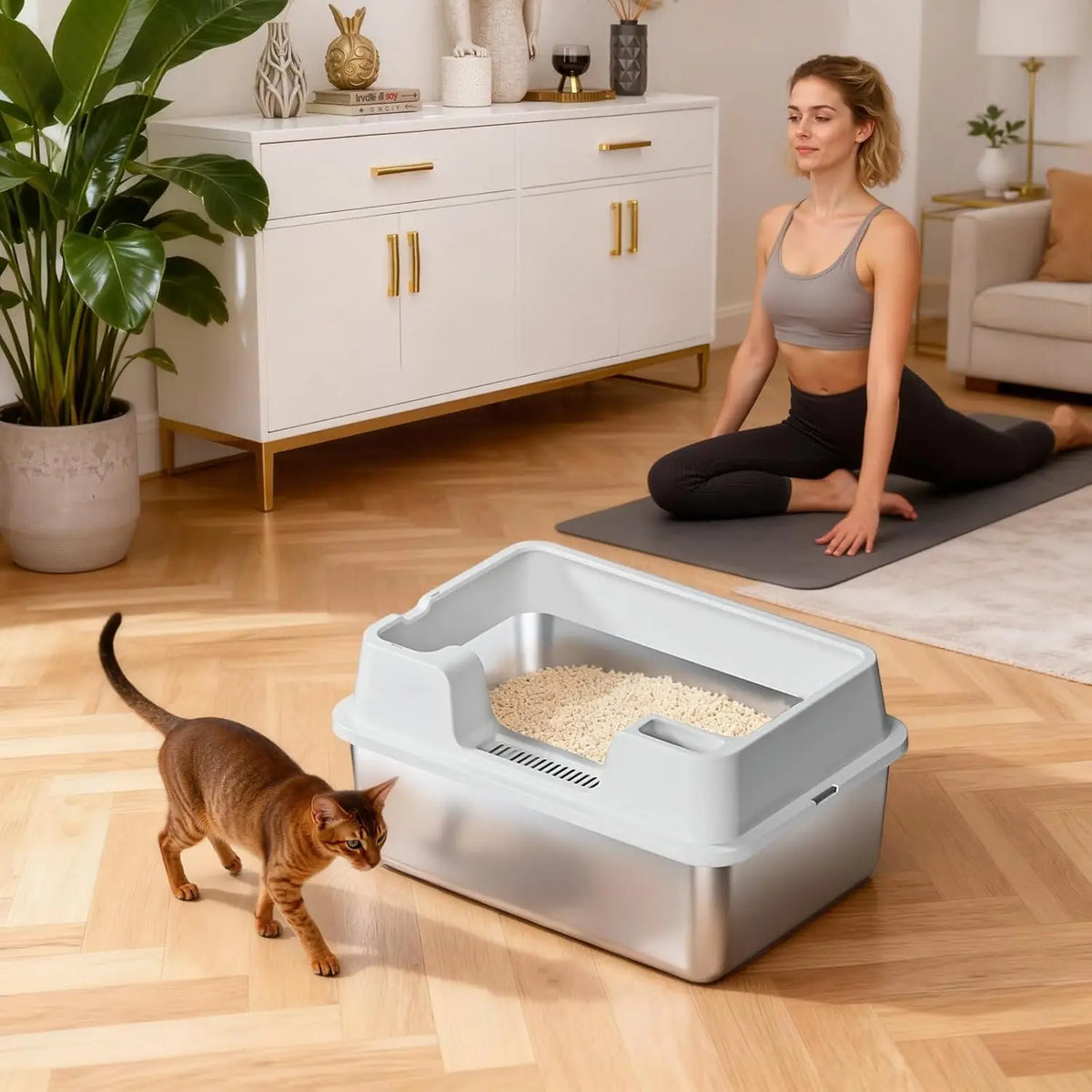 HiMISS Enclosed Stainless Steel Cat Litter Pan With Nonstick Base