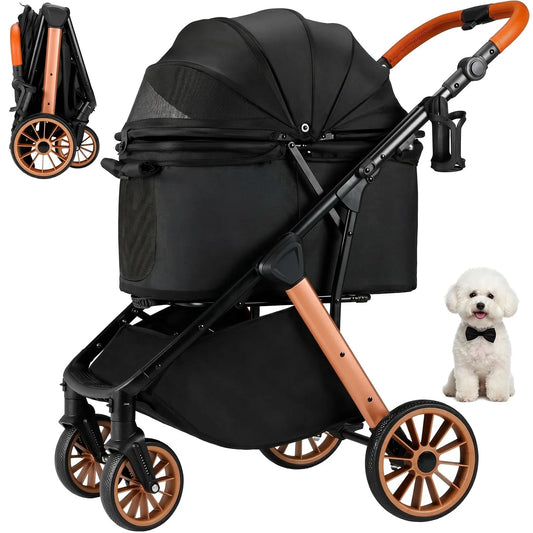 Foldable Pet Stroller With Canopy And Shock Absorber Design