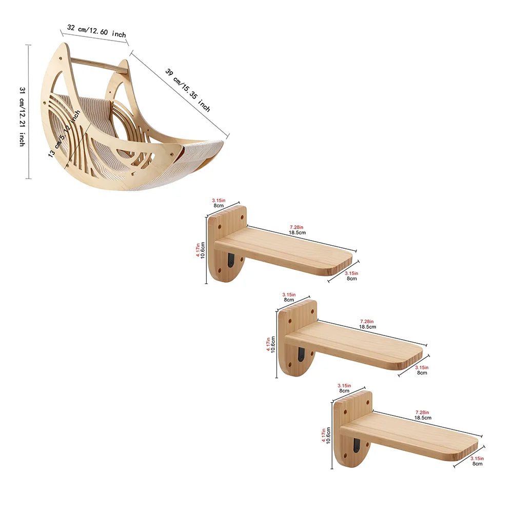 CWV Wall Mounted Cat Shelves Pine Wood Moon Hammock Star Frame
