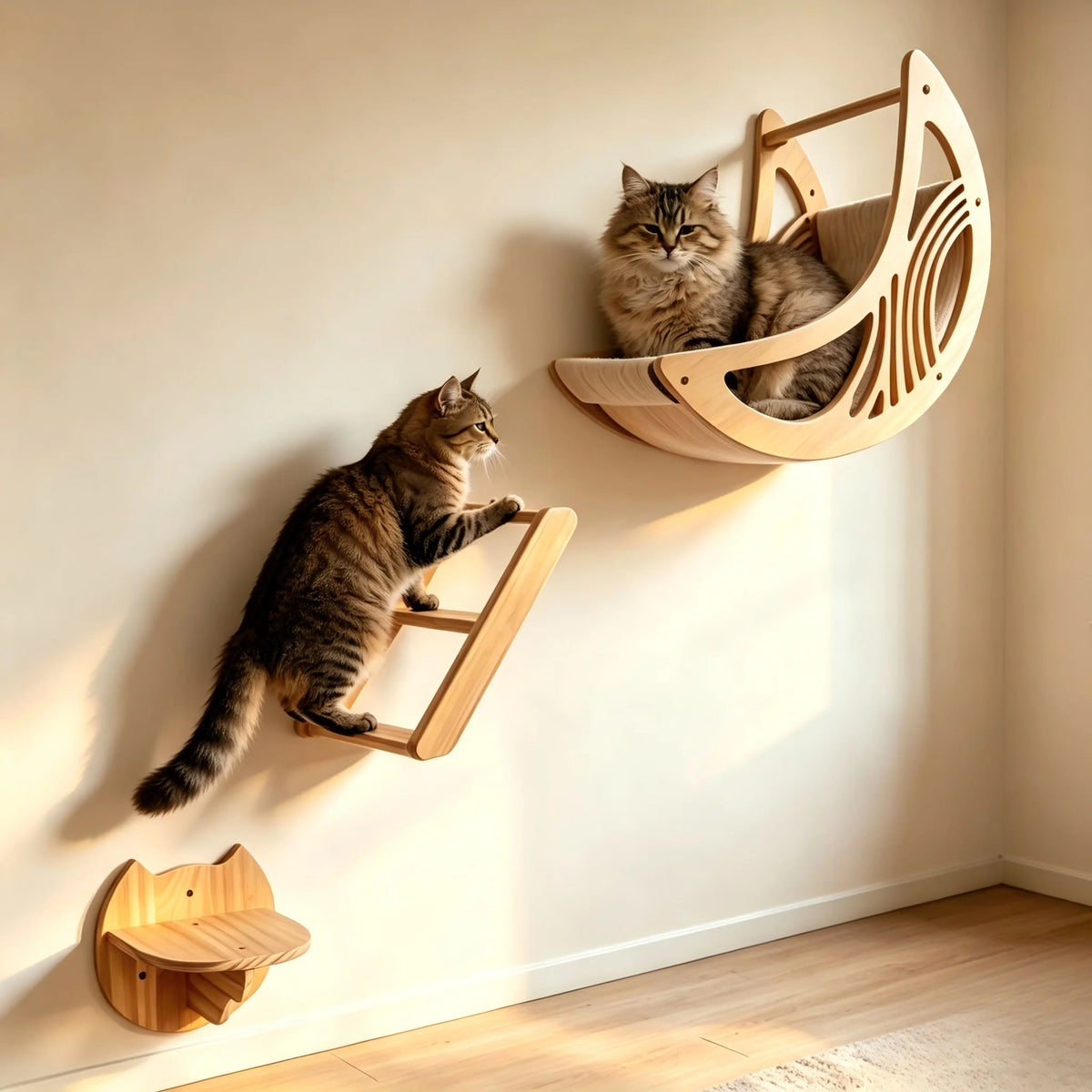 CWV Wall Mounted Cat Shelves Pine Wood Moon Hammock Star Frame