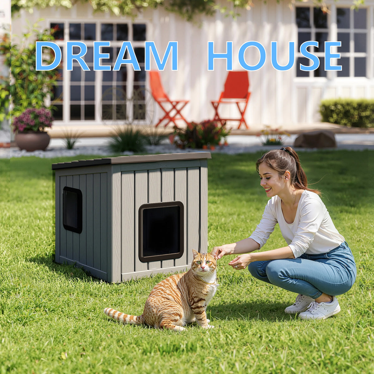 Sloped Roof Plastic Pet Cabin Waterproof Indoor Outdoor Cat Shelter