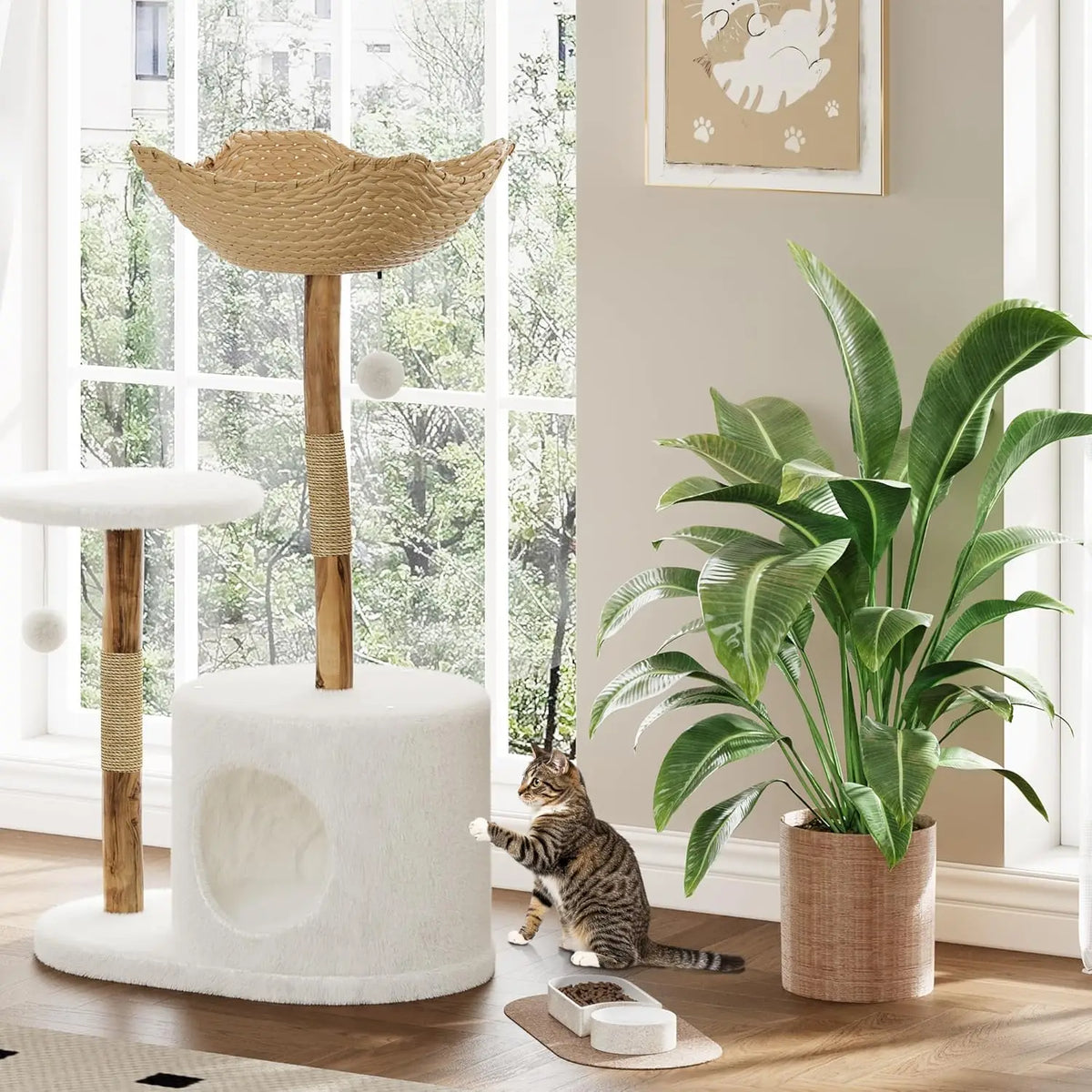43 Inch Wooden Cat Tree Tower With Rattan Perches And Sturdy Base