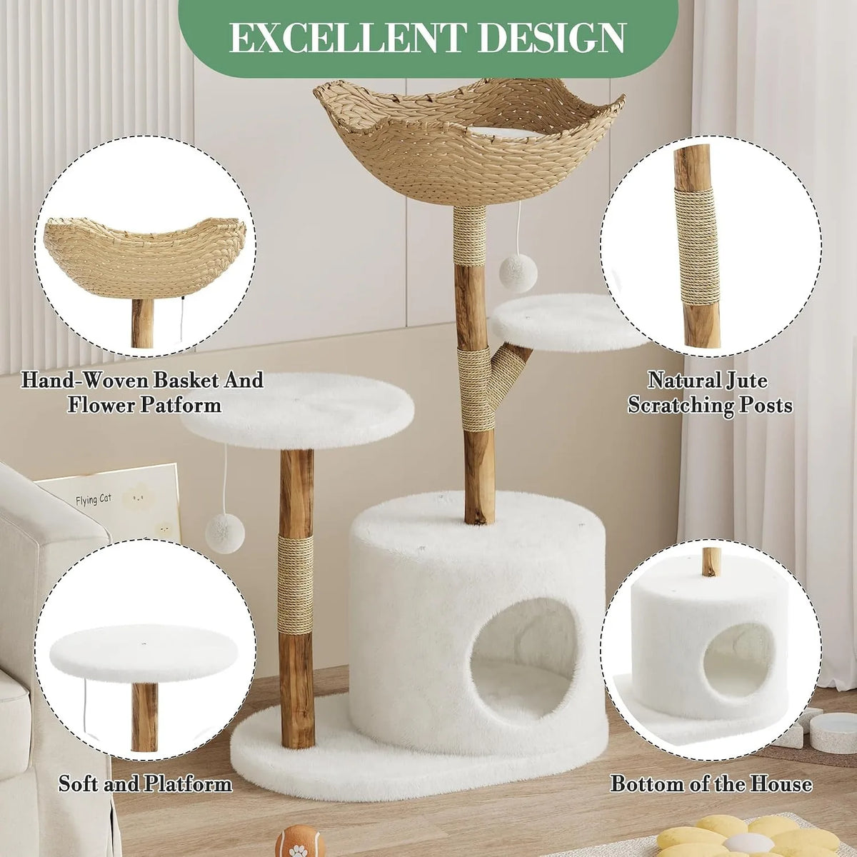 43 Inch Wooden Cat Tree Tower With Rattan Perches And Sturdy Base