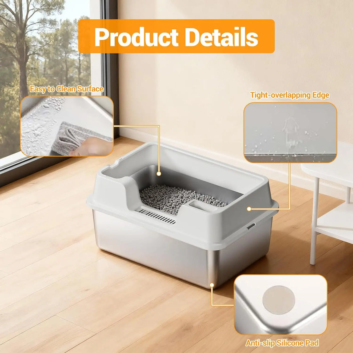 HiMISS Enclosed Stainless Steel Cat Litter Pan With Nonstick Base