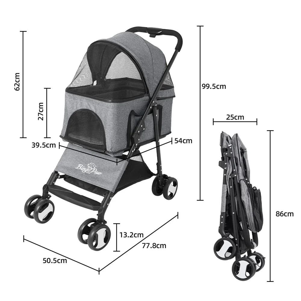 foldable pet dog stroller with storage basket and rain cover