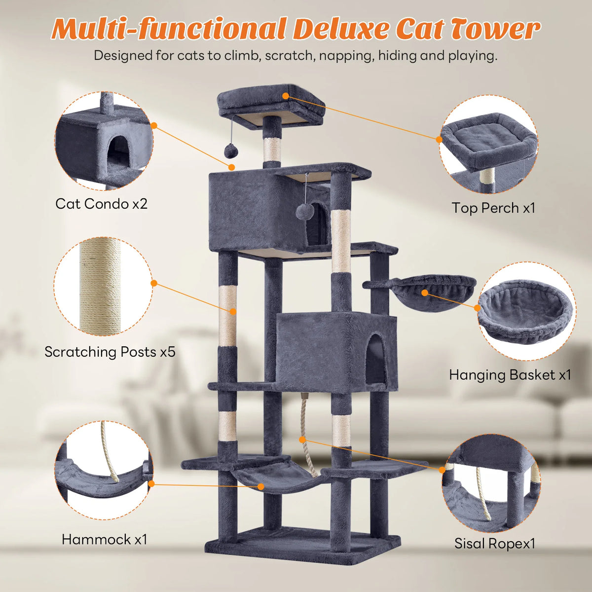 MCQ Five Level Cat Tree Tower With Natural Sisal Posts Pet Condo
