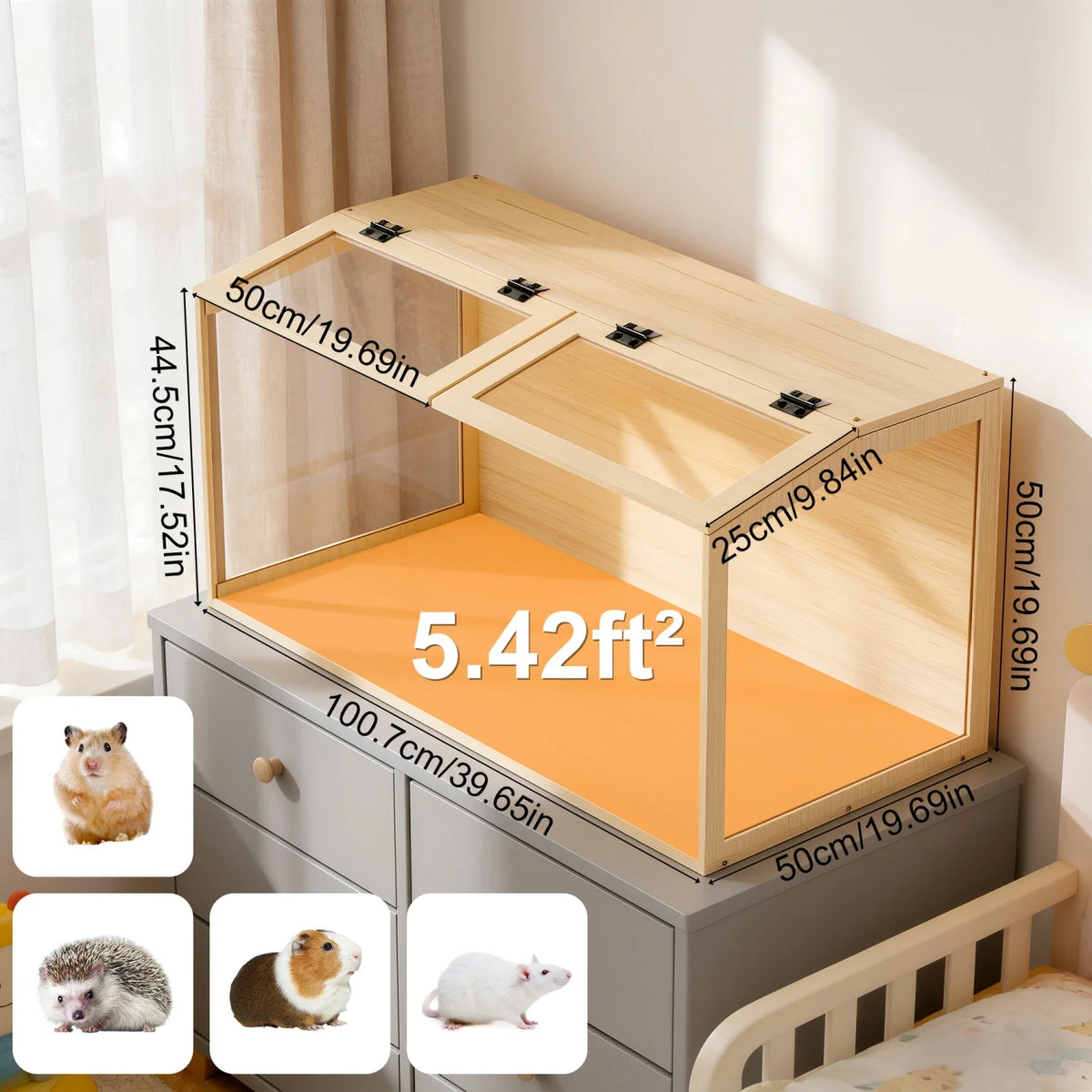 Chewproof Wooden Hamster Cage With Glass Panels And Led Light