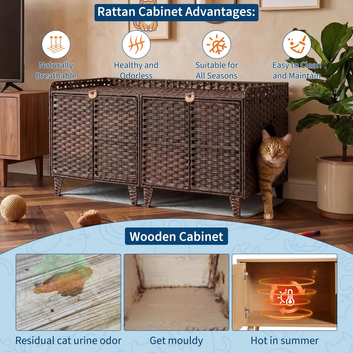DishyKooker Rattan Litter Box Enclosure Hidden Doors Cat Furniture