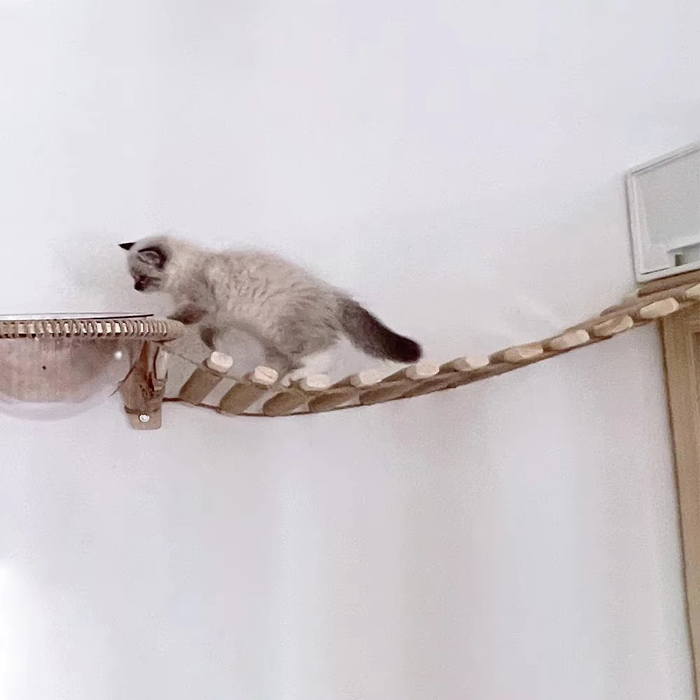 Wooden Cat Bridge With Sisal Rope Ladder Pet Scratcher Toy