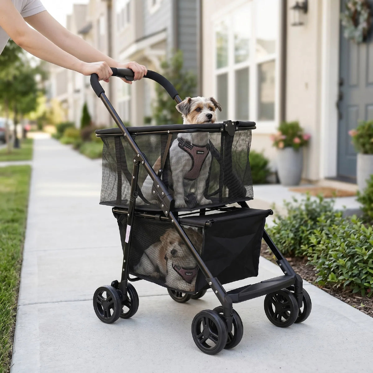Folding Pet Stroller And Shopping Cart With Detachable Basket