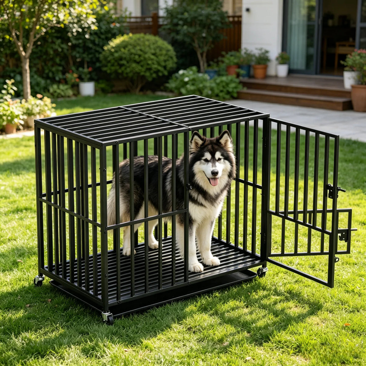 BINGOPAW Metal Dog Crate 4 Lockable Wheels Heavy Duty