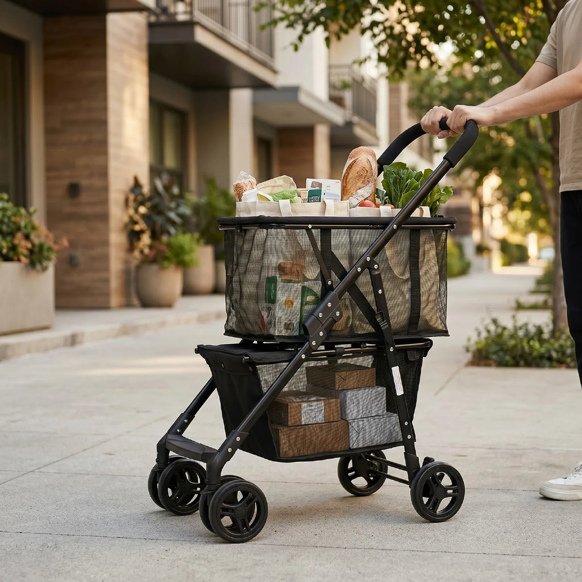 Folding Pet Stroller And Shopping Cart With Detachable Basket