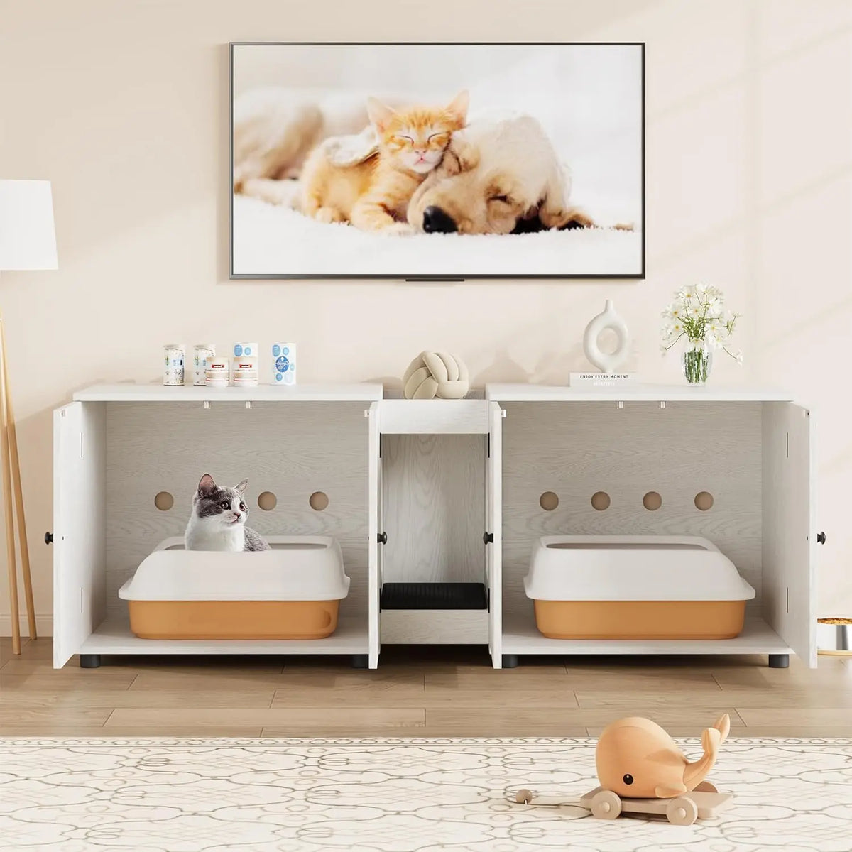 Studyset Double Litter Box Enclosure Furniture With Rattan Doors