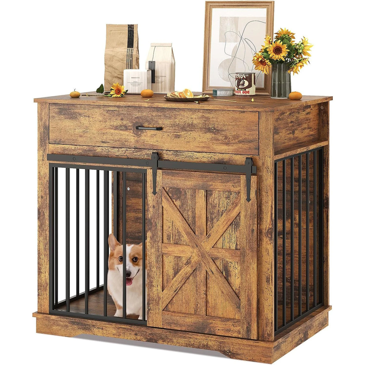 HiMISS Heavy Duty Ironwood Dog Crate Furniture With Barn Door