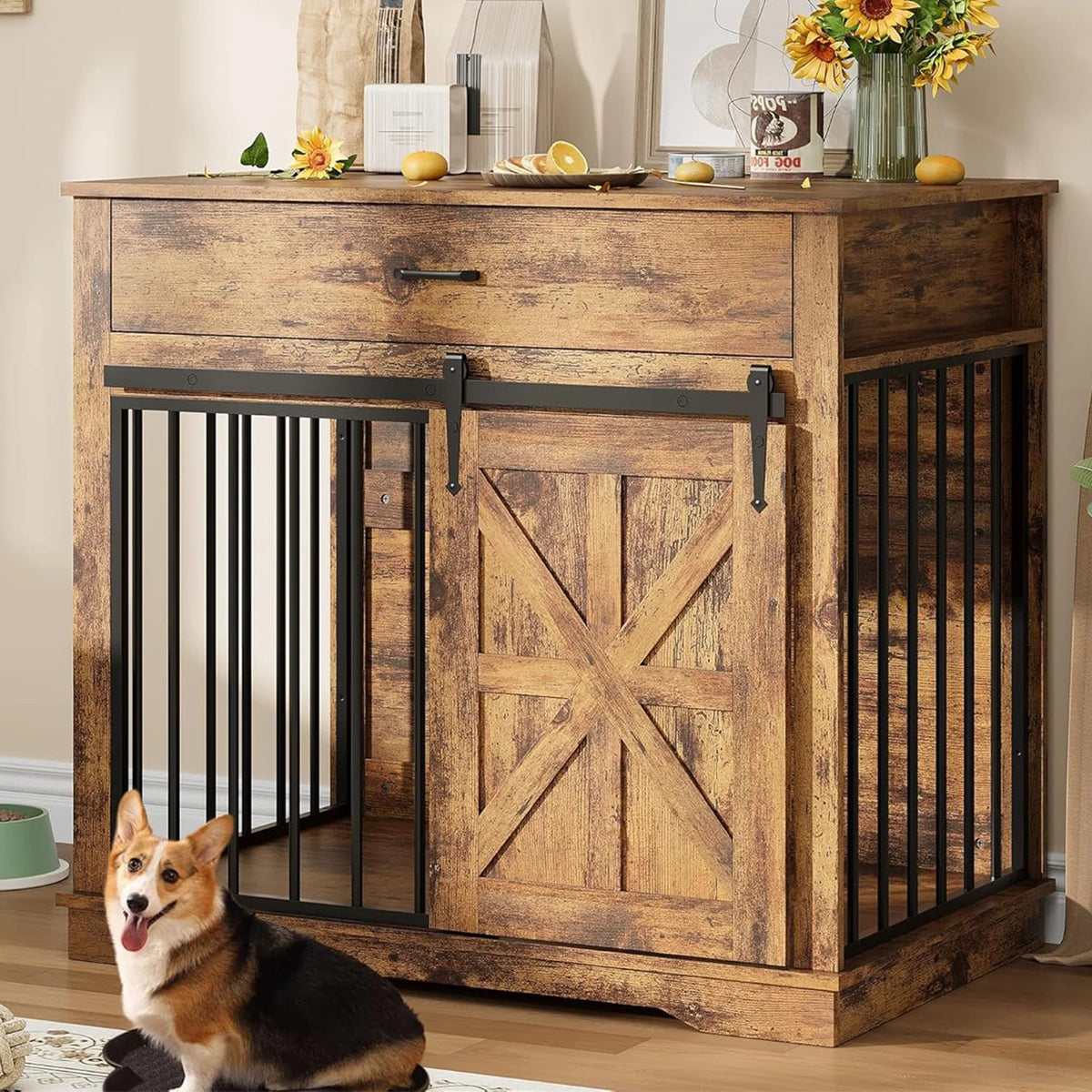 HiMISS Heavy Duty Ironwood Dog Crate Furniture With Barn Door