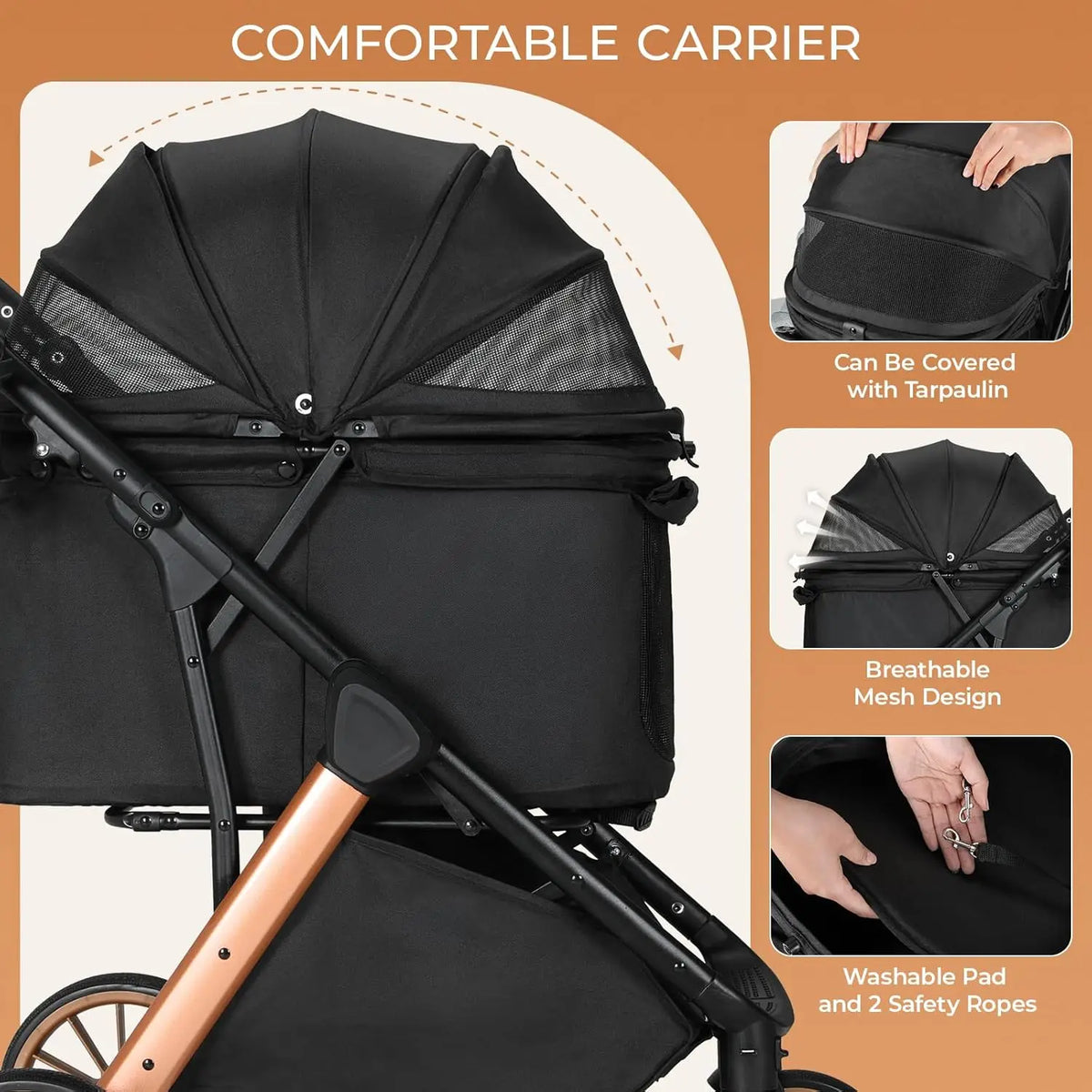 Foldable Pet Stroller With Canopy And Shock Absorber Design