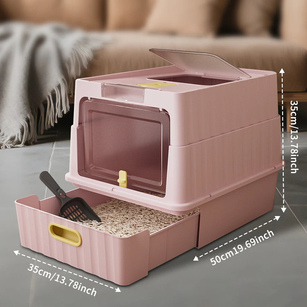Covered Cat Litter Box With Pull Out Drawer And Scoop