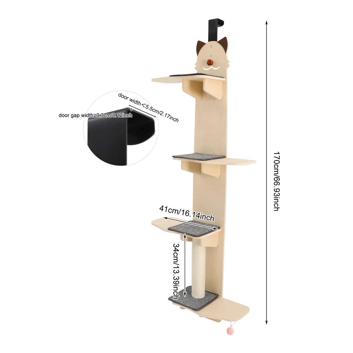 Door Mounted 4 Tier Solid Wood Cat Tree With Scratcher