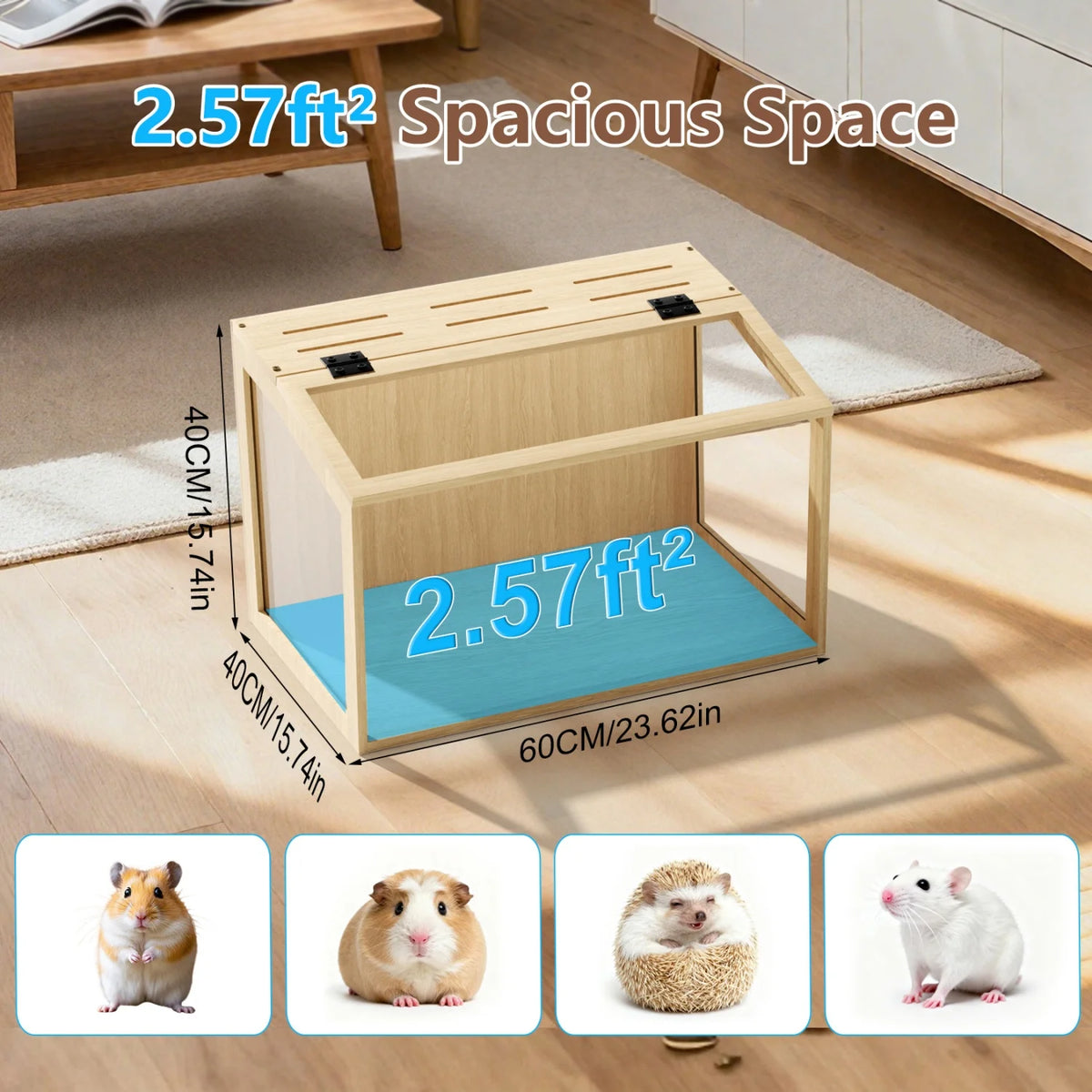 Chewproof Wooden Hamster Cage With Glass Panels And Led Light