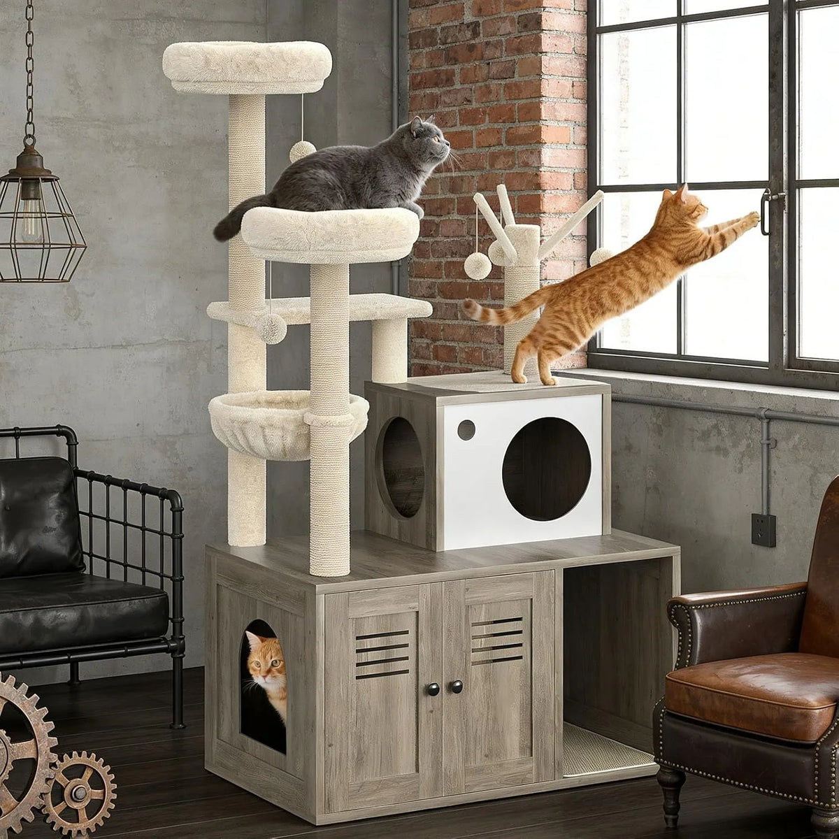 Modern 2-1 Cat Tower With Litter Box Enclosure And Perches