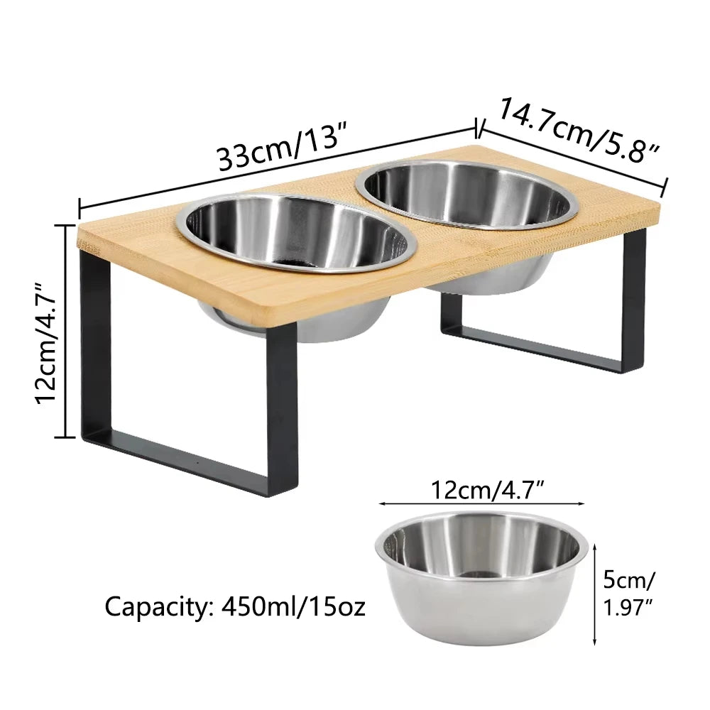 Elevated Tilted Cat Bowl With Wooden Stand And Stainless Feeder