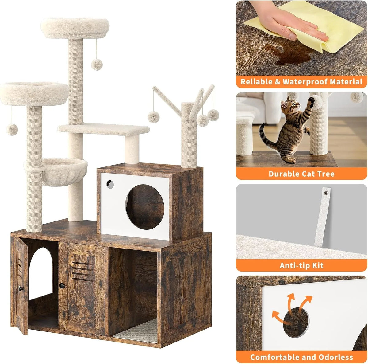 Modern 2-1 Cat Tower With Litter Box Enclosure And Perches