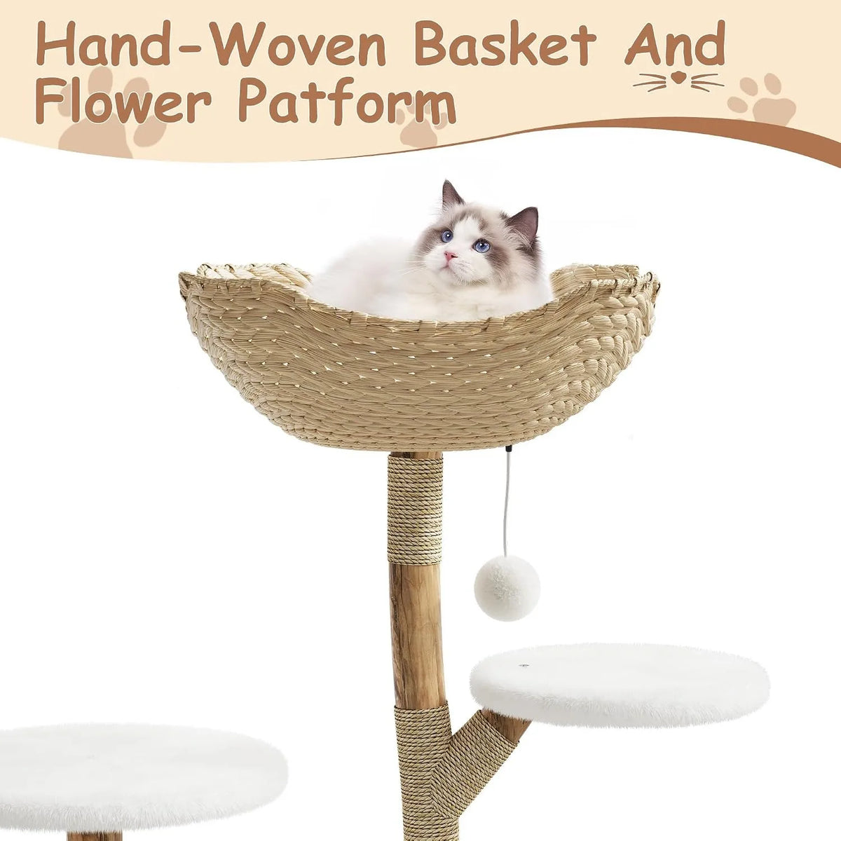 43 Inch Wooden Cat Tree Tower With Rattan Perches And Sturdy Base