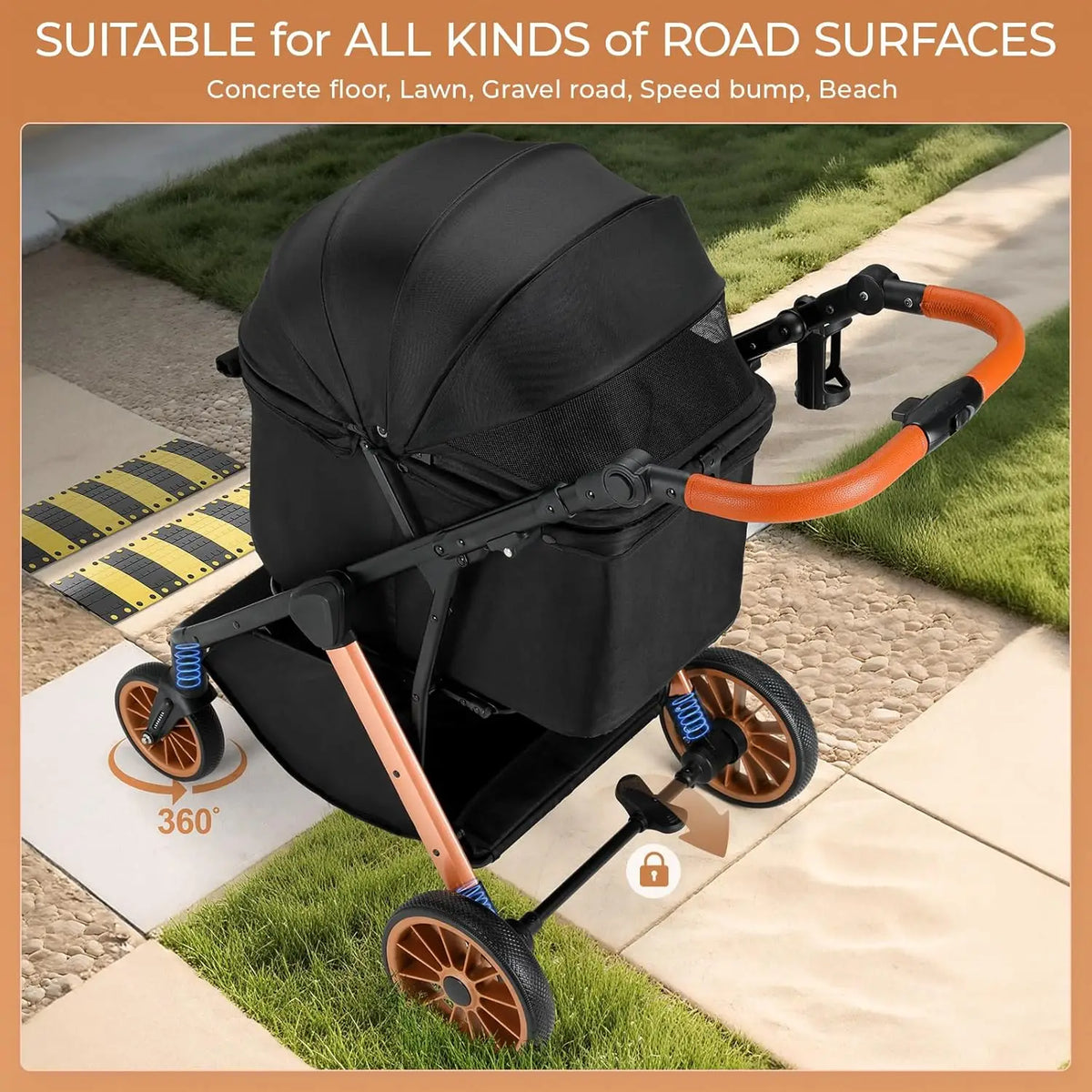 Foldable Pet Stroller With Canopy And Shock Absorber Design